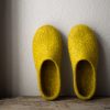 Women spa slippers felted from beige natural wool