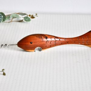 Vintage mid century wooden fish shaped bottle opener and corkscrew 1970s