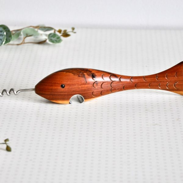 Vintage mid century wooden fish shaped bottle opener and corkscrew 1970s