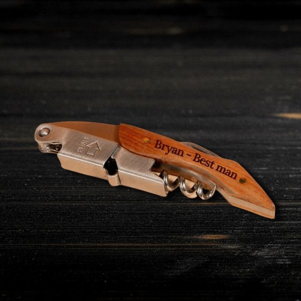 Personalised Engraved Wooden Wine Corkscrew, Bottle Opener, Knife/Foil Cutter, Custom Corporate Christmas Gift, Wedding Favours Gift for Him