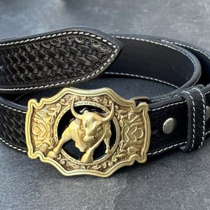 Western Leather Belt Men’s Tooled Engraved Belt with Western Bull Buckle for Men Cowboy Handmade Full Grain Leather Belt, Birthday Gift