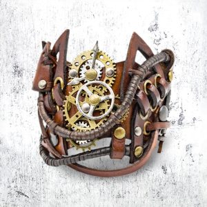 Steampunk Leather brown bracelet. Wristband with gears, cogwheels, mechanisms. Handmade in Ukraine! Unisex gift for parties or everyday wear