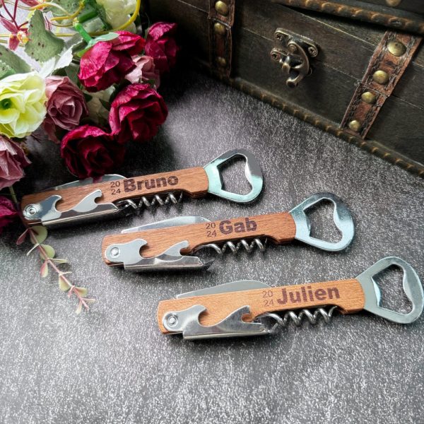 Personalized wood bottle opener, Wine corkscrew, Groomsman bottle openers, Laser Engraved, Stylish Gifts for Him, Gift for beer enthusiasts