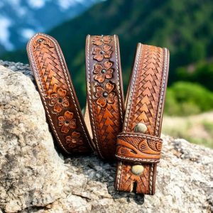 Handmade Men’s Western Belt Genuine Full Grain Leather Heavy Duty Without Buckle Embossed Belt Cowboy Handmade Strap Snap-On Belt Strap