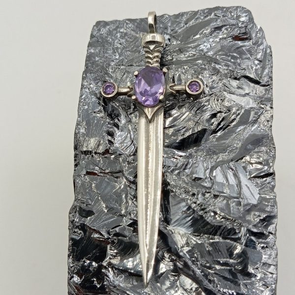 925 Sterling Unisex Silver Amethyst Stone Sword Pendant, Handmade Jewelry, Men’s Necklace, Gift For Lover, Sword Silver Amethyst Pendant
