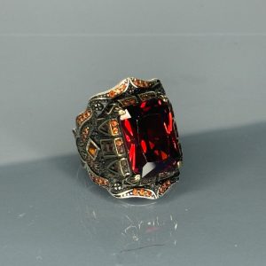 Luxury 925 Sterling Silver Men’s Ring with Ruby Red Gemstone, Vintage Gothic Statement Ring, Handmade Silver Ring with Ornat, Gift for Him