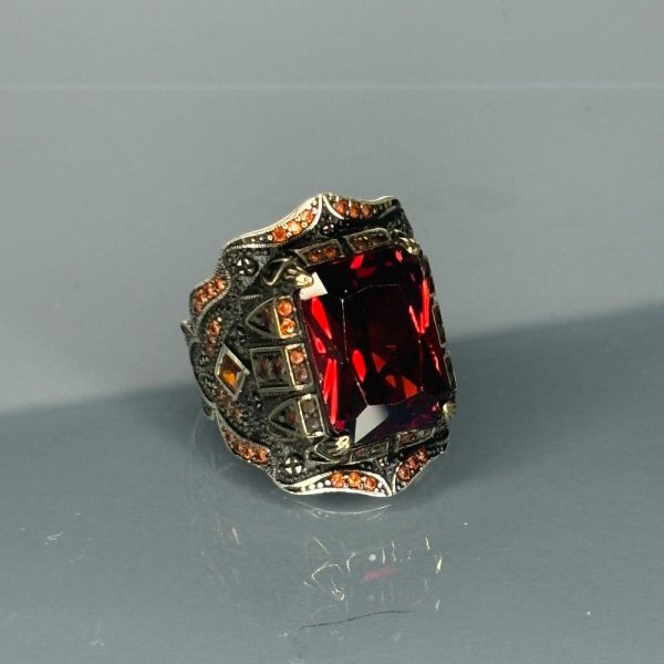 Luxury 925 Sterling Silver Men’s Ring with Ruby Red Gemstone, Vintage Gothic Statement Ring, Handmade Silver Ring with Ornat, Gift for Him
