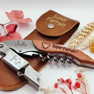 Corkscrew Bottle Opener with Leather Case – Laser Engraved Personalization – Father’s Day Gift, Gift for Men – Bachelor Party Gift