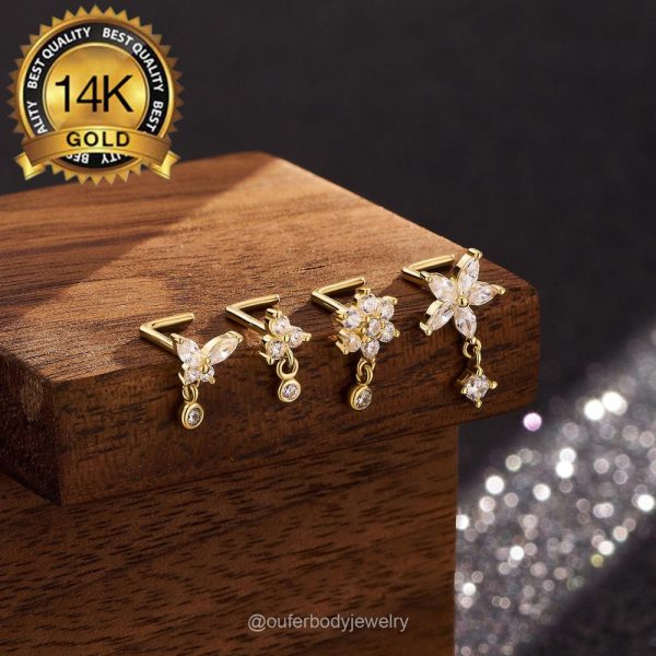 14K Solid Gold Dangle CZ L Shape Nose Stud 20g/Butterfly/Trinity flower Nose Ring/Tiny Nose stud/Small Nose Stud/Nose Piercing/Nose Jewelry