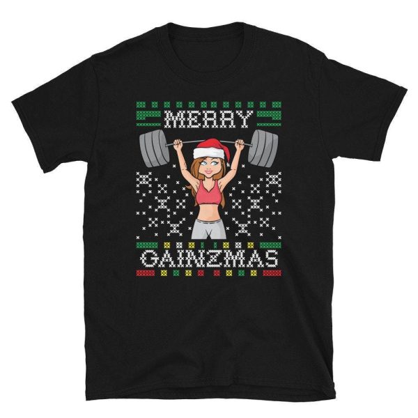 Merry Gainzmas Ugly Christmas Sweater Gym Miss Santa Claus Squat Booty Body Building Fitness Unisex T-Shirt Men Women