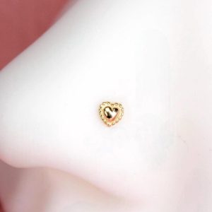 14K Solid Gold Heart Nose Stud, 20g Beaded Heart Corkscrew Piercing, Dainty Gold S Bar Nose Jewelry, Minimalist Nose Piercing Ring Jewelry