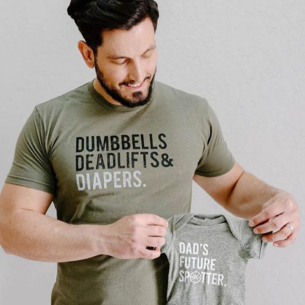 Original Dumbbells Deadlifts & Diapers Tee. Dad bod Shirt/Dad Workout Shirt/Gift for Dad/Dad Newborn Shirt – Great Gift For Dad Life (Green)