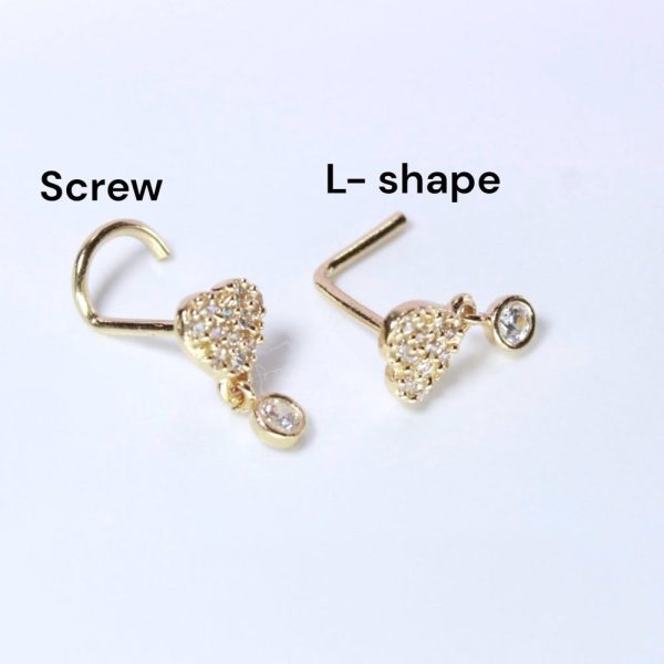 14K Gold Heart Nose Stud, 20g Dainty Dangling Heart L Shape Corkscrew Nose Stud, Gold Nose Jewelry, L Bend Screw Nose Piercing Ring Jewelry
