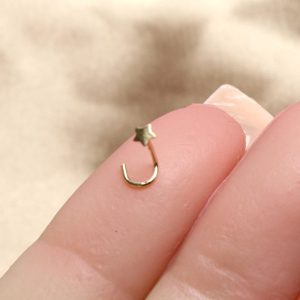 Star Nose Stud, 14K Gold Tiny Star Top Corkscrew Nose Piercing Stud Ring