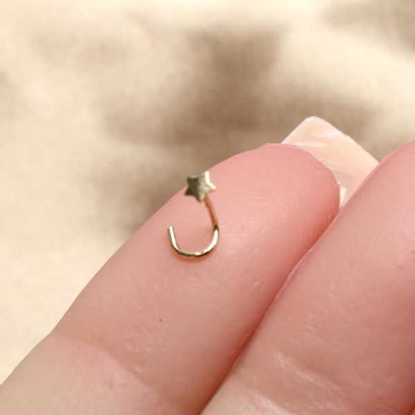 Star Nose Stud, 14K Gold Tiny Star Top Corkscrew Nose Piercing Stud Ring